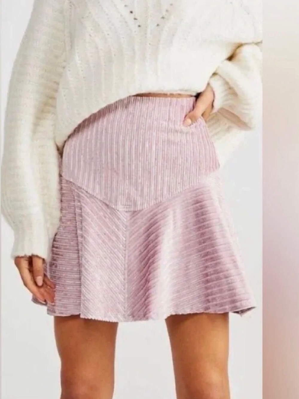 Free People Camden Blush Pink Velvet Ribbed Skater Skirt
